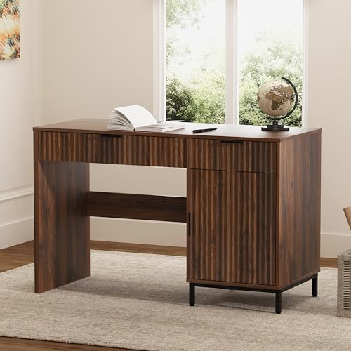 EYYTHUNG 47" Fluted Executive Desk, Modern Wood Home Office Desk with Charging Station, Drawer & Cabinet, Computer Writing Desk for Work Study, Brown - color: Brown