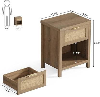 Eclatara Rattan Nightstand Set 2: Boho End Table with Drawer and Storage Shelf, Farmhouse Cane Accent Bedside Night Stands for Bedroom Small Space Sofa (2, Caramel Oak) - color: Caramel Oak (Medium 1 Drawer)