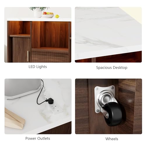Kitchen Island with Storage, Island Table for Kitchen with Power | Outlet & LED Light, Coffee Bar Cart Rolling Buffet Cabinet with Fluted Sliding Door, 2 Drawers, Large Countertop, Walnut - color: Walnut