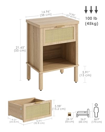 Rattan Nightstand with Drawer and Open Shelf, Boho Side Table with Gold Handle, Small Night Stand, Modern Bedside Table for Bedroom, Natural - color: Natural