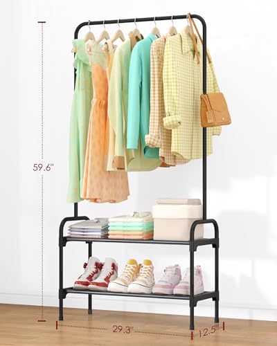 Sakugi Clothes Rack - 29.3" × 12.5" × 59.6" Clothing Rack and Shoe Rack with Anti-Slip Stopper, Large Capacity Rack with 2-Tier Shoe Organizer, Clothes Organizer for Bedroom, Entrance, Laundry, Black - color: Black