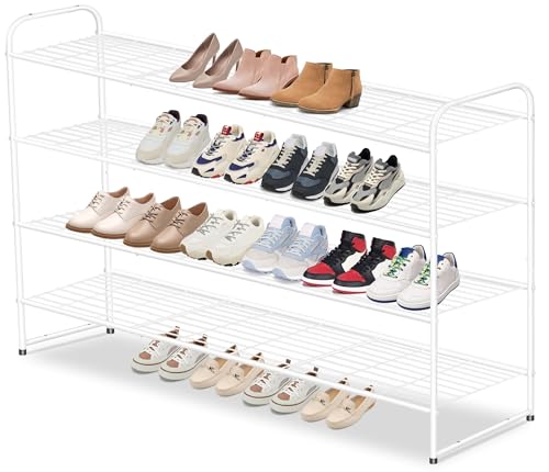 AOODA 4 Tier Long Metal Shoe Rack for Closet Wide Stackable Shoe Storage Organizer for Entryway, Bedroom, Floor, Holds 30 Pairs Men Sneakers Large Boot Shelf with Wire Grid, White - color: White, size: 11.4 x 42.7 x 32.4