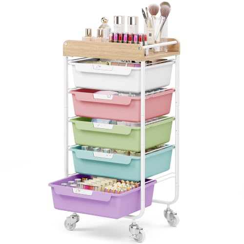 SYKIARIOL Utility Cart with 5 Labeling Drawers and Wooden Tabletop – Rolling Storage Cart for Crafters, Artists, Kids, Teachers, and Students – Organize Arts, Crafts, Sewing & Study Supplies - color: Ice Cream, size: 5-Drawer