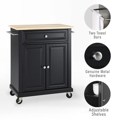 Crosley Furniture Compact Wood Top Small Rolling Cart with Shelves, Microwave Stand with Towel Rack, Black - color: Black, style: Natural Wood Top