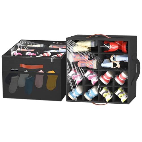 Aokeyee 2 Pack Shoe Organizer for Closet, Stackable Shoe Storage Box, Black | Fits up to 32 Pairs, Space Saving, Foldable, Shoes Organizer Bin with Clear Cover, 4 Reinforced Handles - color: Black, size: Fits up to 32 Pairs