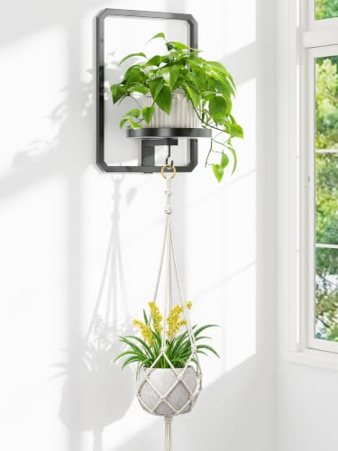 iDavosic.ly Wall Plant Picture Frame Holder with Macrame Hanger for Indoor, Metal Stand with Hanging Hooks, Floating Flower Display Decor, Space Saving & Easy to Assemble (Pots Not Included) - color: Black with 1 Hanger, size: Rectangular
