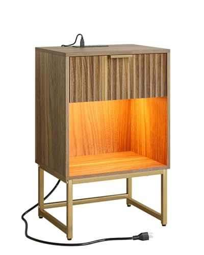 Masupu Fluted Nightstand with Charging Station and LED Lights,Modern Night Stand Wood Bedside Table with Storage Drawer Side End Table for Bedroom,Office,Walnut Brown - color: Light-walnut Brown
