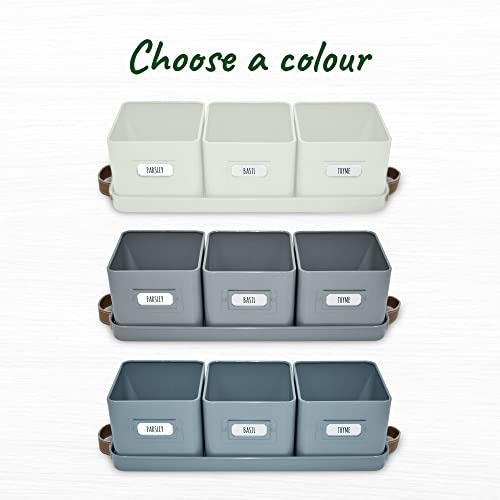 volila Herb Planter Indoor - Set of 3 Teal Blue Indoor Herb Garden Pots for Plants with Leather Handled Tray - Window Sill Plant Shelf - Herb Pots with Drainage Holes and Labels - color: Teal Blue