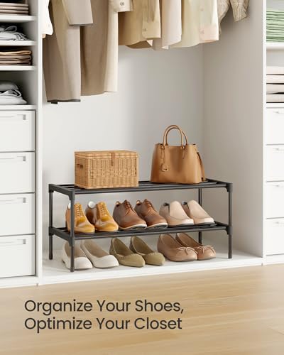 SONGMICS 2-Tier Shoe Rack for Closet, Compact Metal Shoe Organizer Shelf for Entryway, Bedroom, Small Spaces, Stackable, 11.8 x 24.5 x 12.2 Inches, Black ULSA122BH01 - size: 2 Tiers (24.5"W)