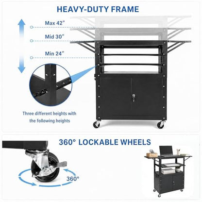 Mobile AV Cart with Lockable Cabinet, Adjustable Height Laptop Stand with Extension Rack, Drop Leaf Workstation, Extra Storage Space, Power Strip Included, Rolling Utility Cart