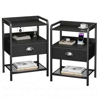 Nightstands Set of 2, Bedside Table with 1 Fabric Drawer, Open Mesh Shelf, End Table Side Table with Storage Drawer Dresser, Wear-Resistant Metal Frame, Bedroom, Black - color: Black(1drawer), size: Set of 2