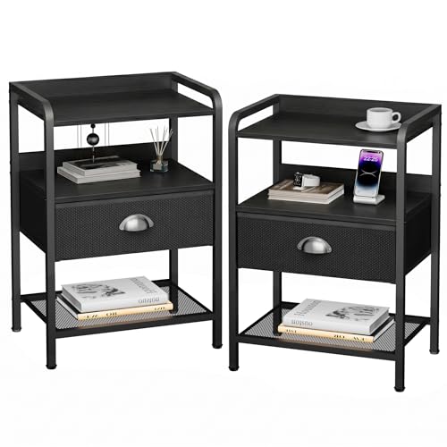 Nightstands Set of 2, Bedside Table with 1 Fabric Drawer, Open Mesh Shelf, End Table Side Table with Storage Drawer Dresser, Wear-Resistant Metal Frame, Bedroom, Black - color: Black(1drawer), size: Set of 2