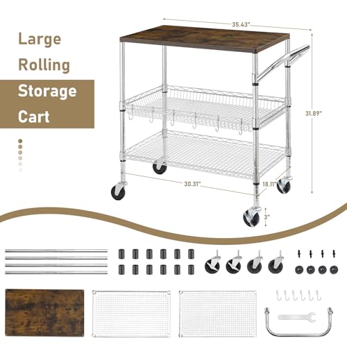 Rolling Kitchen Carts on Wheels With Storage,650Lbs Heavy Duty Metal Cart with Wheels,3 Tier Rolling Cart with Wooden Top,NSF Utility Cart with Handle for Food Cart Serving Carts,30.3"L*31.9"H*18.1"W - size: 35.4"L*18.1"W*31.9"H with Adjustable Shelves