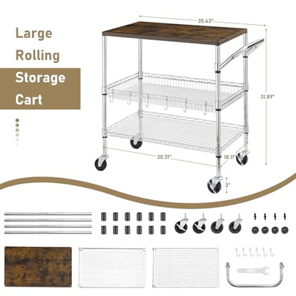 Rolling Kitchen Carts on Wheels With Storage,650Lbs Heavy Duty Metal Cart with Wheels,3 Tier Rolling Cart with Wooden Top,NSF Utility Cart with Handle for Food Cart Serving Carts,30.3"L*31.9"H*18.1"W - size: 35.4"L*18.1"W*31.9"H with Adjustable Shelves