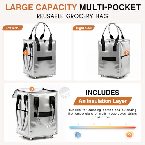 Large Reusable Grocery Bag on Wheels, Foldable Rolling Tote Bag with Handle and Zipper for Market Laundry Travel - color: Silver