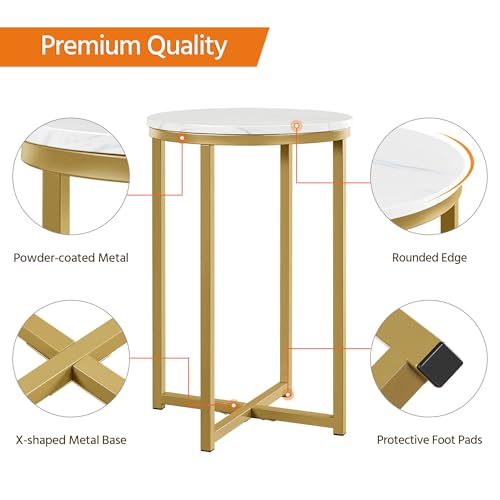 Yaheetech Round End Table Set of 2, 16 in Faux Marble Accent Table, Modern Side Table with Marble Top and Metal Frame, Coffee Table Telephone Table for Living Room/Small Space, Gold - color: Gold