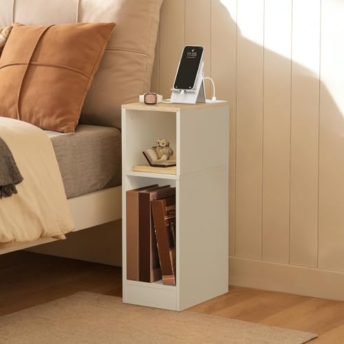 MAHANCRIS Narrow Nightstand, Narrow End Table with Charging Station, Skinny Bedside Table for Small Spaces, Mid Century Modern Night Stand for Bedroom, Living Roon, Natural and White ETNW30E01 - color: Natural and White