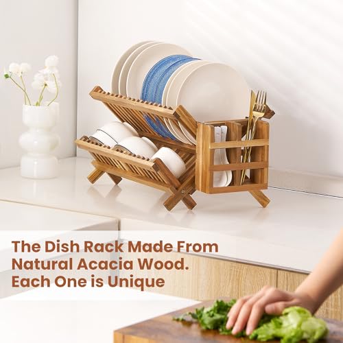 NOVAYEAH Acacia Wooden Dish Drying Rack for Kitchen Counter 2-Tier Collapsible Bmaboo Dish Drying Rack with Utensil Holder-Large Folding Dish Drainer Rack with Flatware Holder 34 pcs Grid - color: 2-tier (Acacia Wood)