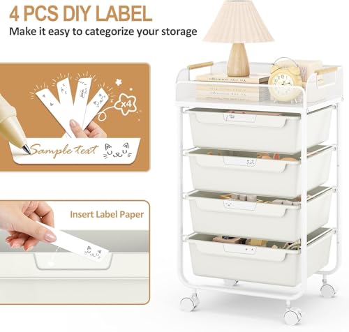 SYKIARIOL 4-Drawer Rolling Storage Cart with Mesh Top, Utility Craft Organizer Cart on Wheels with DIY Labels, Rolling Drawer Cart for Home Office Classroom Bedroom, White - color: White