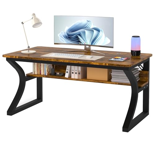 AZN Computer Desk, 47 X 20 inch Computer Desk, Office Desk w/Storage, Large Legroom, Sturdy Metal Frame, Home Office Desks for Gaming Study Writing Work, Waterproof, Scratch-Resistant, Rustic Brown - color: Rustic Brown, size: 47in-Rustic Brown