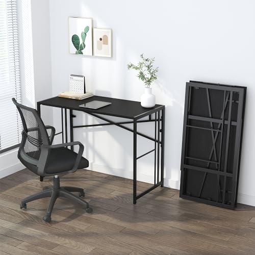 Lutown-Teen Narrow Folding Computer Desk 35 inch, Writing Gaming Computer Desk for Small Spaces, No Assembly Required Small Office Table, Black - color: Black, size: 35 Inch