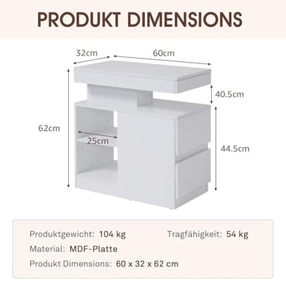OC Orange-Casual LED End Table with Power Outlet, High Glossy Sofa Side Table, Small Nightstand with Drawer and Storage Cabinet, Narrow Side Table with Charging Station for Living Room (1,White) - color: White