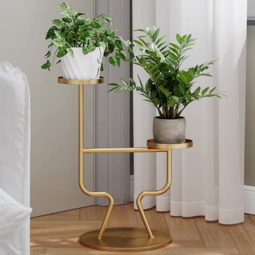 Tall Plant Stand Indoor Outdoor, 2 Tier Metal Plant Stand with Crossbar, Modern Flower Pot Holder for Living Room, Bedroom, Balcony, Patio, Decorative Plant Shelf Gold - color: Golden
