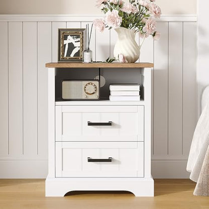 ChooChoo Farmhouse Night Stands with Charging Station, Wood Nightstand with 2 Drawers, Bedside Table with Open Storage Shelf for Bedroom, White