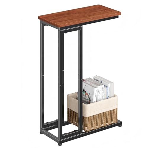 Ekisemio C-Shaped End Table, Slide Under Sofa Side Table with Metal Frame, Rustic Brown for Living Room