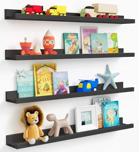 Forbena Black Picture Ledge Shelf 4-Pack, 36 Inch Floating Shelves for Wall with Lip Edge, Extra Long Wood Hanging Wall Shelf for Living Room Bedroom Office Classroom Library Books Photo Frames Decor - color: Black, size: 36 Inch