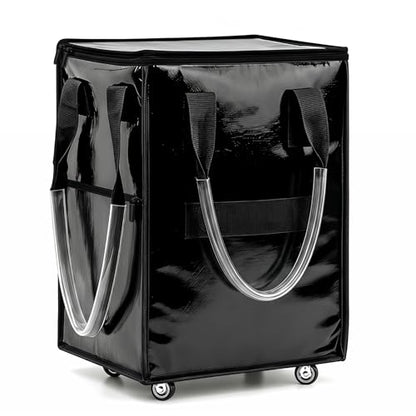 Large Reusable Grocery Bag on Wheels, Foldable Rolling Tote Bag with Handle and Zipper for Market Laundry Travel - color: Black