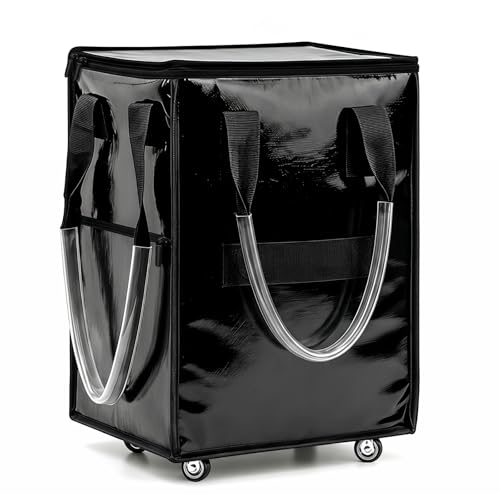 Large Reusable Grocery Bag on Wheels, Foldable Rolling Tote Bag with Handle and Zipper for Market Laundry Travel - color: Black