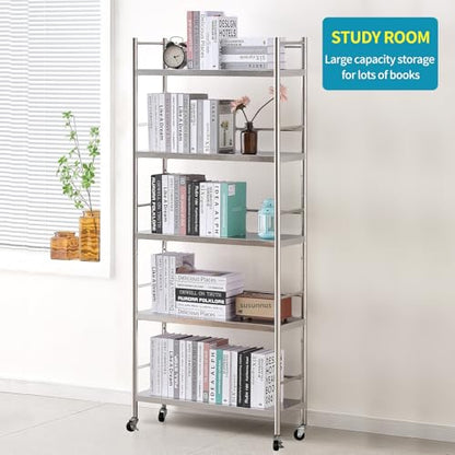 susunnus Stainless Steel Shelf,Shelves for Storage,Metal Kitchen,Garage Shelf,with Wheels,Rolling Shelves,Adjustable Height,Weight Capacity 440LB(27.6in*10.2in-5Twith guardrails) - size: 27.6in*10.2in-5T
