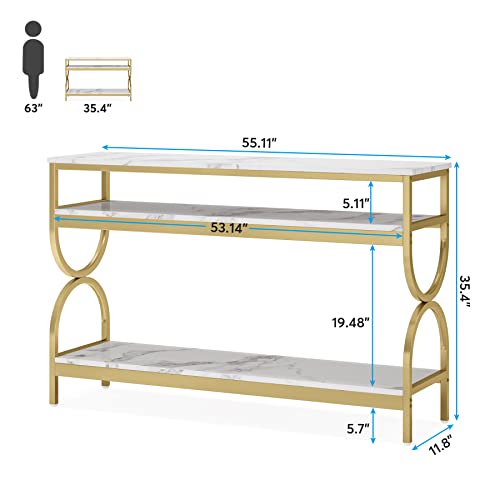Tribesigns 3-Tier Console Table, 55 inch Sofa Table with Open Storage Shelves, Narrow Long Hallway/Entryway Table with Faux Marble Top for Home Living Room Entryway, White & Gold
