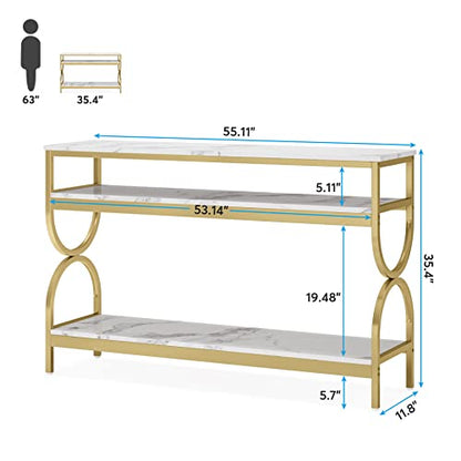 Tribesigns 3-Tier Console Table, 55 inch Sofa Table with Open Storage Shelves, Narrow Long Hallway/Entryway Table with Faux Marble Top for Home Living Room Entryway, White & Gold