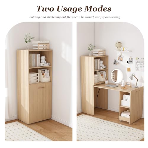 Folding Out Desk with Storage Shelves, Expandable Hidden Computer Desk, Foldable Space-Saving Pull Out Murphy Table, Writing Table with Wheels for Home Office Bedroom Small Spaces (Natural Wood.) - color: Natural Wood.