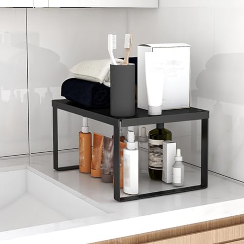 Stackable Cabinet Shelf Organizer Counter Storage Spice Rack Metal Space Saving for Kitchen Pantry Cupboard Countertop Bathroom Bedroom Under Sink Office, Black - Large - size: Large, Pack 1