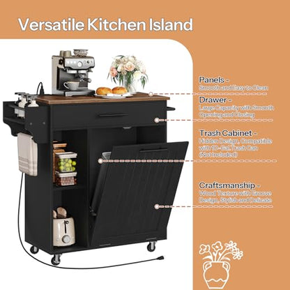 HOOBRO Kitchen Island with Trash Can Storage, Rolling Kitchen Island on Wheels, Mobile Island Cart with Power Outlet, Islands Table for 10 Gallon Garbage Bin, Rustic Brown and Black BF80UZD01G1 - color: Rustic Brown + Black