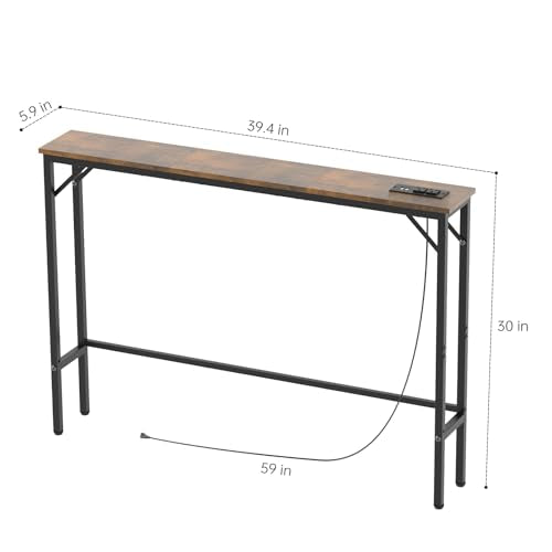 Aduanbang 5.9" Console Table with Outlet – Narrow Sofa Table, Behind Couch Table for Living Room & Hallway, 5.9" x 39.4" x 30", Metal Frame, Rustic Brown - color: Rustic Brown, size: 5.9"D x 39.4"W x 30"H