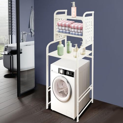 Adjustable Laundry Room Shelf, White Washing Machine Shelf, 3-Tier Washing Machine and Dryer Storage Rack, Laundry Room Space Saving Organizer with Hooks for Balcony