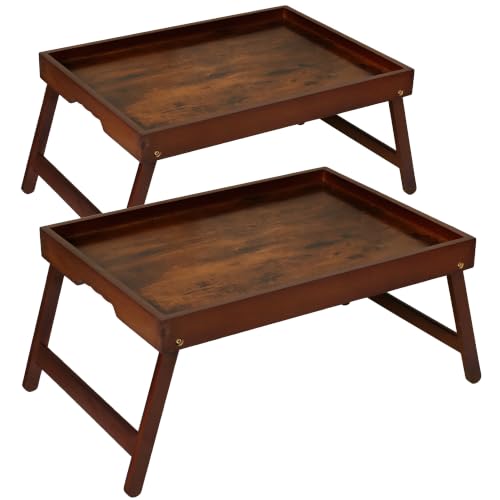 Breakfast Tray with Folding Legs Set of 2, Bamboo Bed Tray Table 15.7" Foldable TV Dinner Tray with Ergonomic Wave Handles for Bed Couch Sofa, Breakfast, Snacks, Coffee, Vintage Walnut - color: Vintage, size: Medium