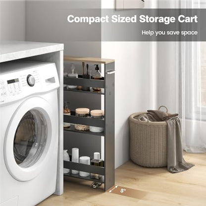 LOKO Slim Storage Cart, 4-Tier Rolling Cart with Handle & Wooden Top for Kitchen Bathroom Laundry Living Room Narrow Small Spaces, 5 Inches Width (Grey & Natural) - color: Grey & Natural