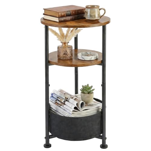 Small Round Side Table with Storage Basket, 3-Tier Narrow End Table Nightstand for Living Room Bedroom, 11.8" Diameter Modern Bedside Table for Small Spaces, Wood Grain & Metal Frame (Rustic Brown) - color: Rustic Brown