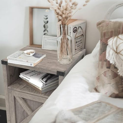 Farmhouse End Table, Nightstand with Barn Door and Shelf,Set of 2,Grey Wash | End Tables,Wooden Sofa Side Table, Modern Bed Side Table Rustic Nightstands, Bedroom, Living Room - color: Gray Wash