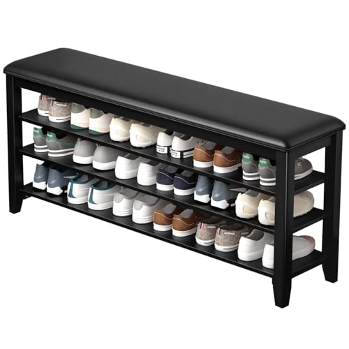 Shoe Bench with 3 Tier Adjustable Shelves Rubberwood Entryway 47.2'' | Hallway organizer, solid wood design, removable shelves, space saving storage, perfect for front doors, family spaces - color: Black, size: 47.2''