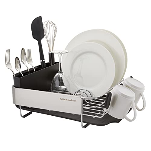 KitchenAid Compact, Space Saving Rust Resistant Dish Rack with Removable Flatware Caddy and Angled Self Draining Drainboard, 16.06-Inch, Black - color: Black, size: Compact