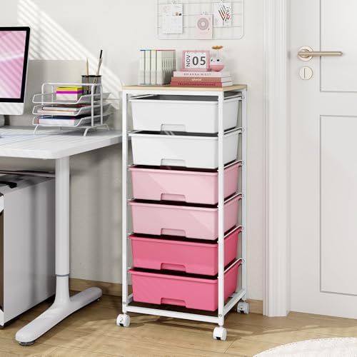 Rolling Storage Cart with 6 Drawers and Wooden Tabletop, Lockable Wheels Utility Cart for Art Studios, Office Supplies & Craft Room Organization (Pink) - color: Pink