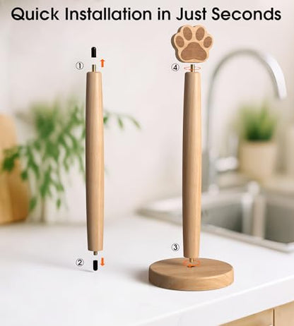 KitchLife Cute Wooden Paper Towel Holder Countertop - Solid Freestanding Paper Towel Dispenser Stand Organizer with Anti-Skid Base (Paw) - style: Paw