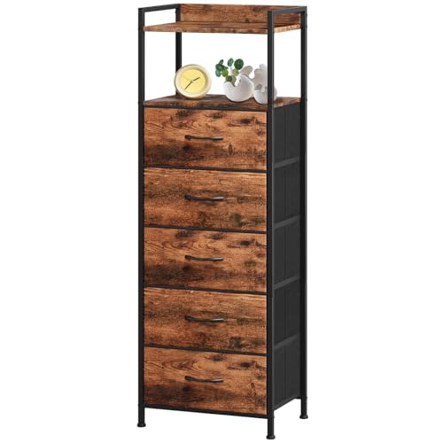 Somdot Tall Nightstand for Bedroom, Tall 5 Drawers Dresser, Vertical Storage Tower Unit, Nightstand Furniture with Fabric Drawer Organizer in Bedside Kids Room, Laundry Entryway, Wood Grain Print - color: Wood Grain Print, size: 11.4"D x 15.2"W x 42.1"H (