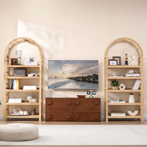 5-Tier Solid Wood Open Bookcase, Modern Arched Bookshelf, Home Office Shelf Storage Organizer, Storage Display Rack Shelf for Living Room (Natural)